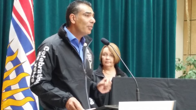 Prince George-Valemount MLA Shirley Bond looks on as Advanced Education Minister Amrik Virk announces contribution to UNBC's bioenergy system - photo 250 News