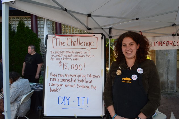 Jillian Merrick gets the message out Saturday at the Civic Centre. Photo - 250 News