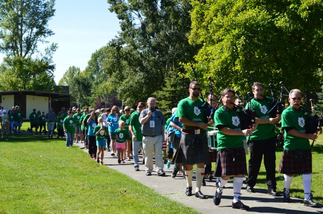 Prince George Pipe Band leads Parkinson's walk Saturday. Photo 250 News