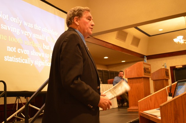 Dr Paul Connett speaks during fluoride debate with Dr Todd Whitcombe. Photo 250News