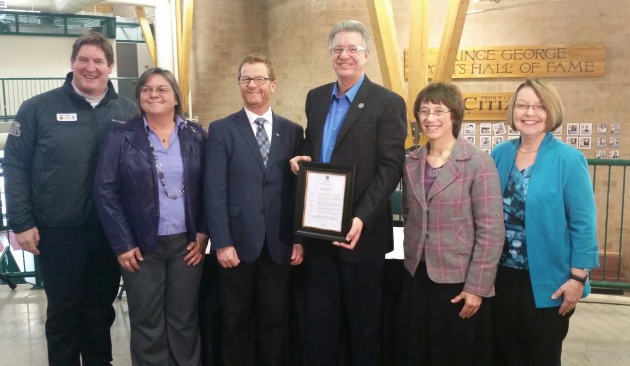 Dignitaries pose with smoke-free proclamation. From left Stu Ballantyne, Dr. Sandra Allison, Terry Lake, Lyn Hall, Dr. Anne Pousette, Shirley Bond - photo 250News
