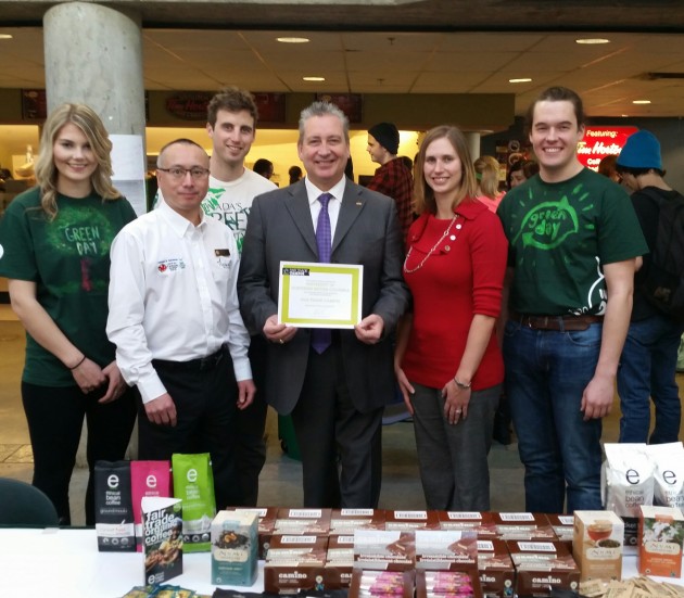 From left, UNBC student Torrye Mackenzie, UNBC Food Services Director Willie Lum, UNBC Sustainability Manager Kyrke Gaudreau, UNBC President Daniel Weeks, UNBC Business Development Officer Nicole Neufeld, and UNBC student Matthew Ewen celebrate UNBC’s Fair Trade Campus designation - photo 250News