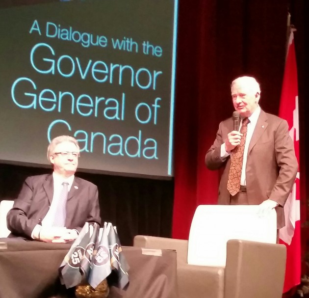Prince George Mayor Lyn Hall & Governor General David Johnston during today's panel discussion at the Prince George Playhouse - photo 250News