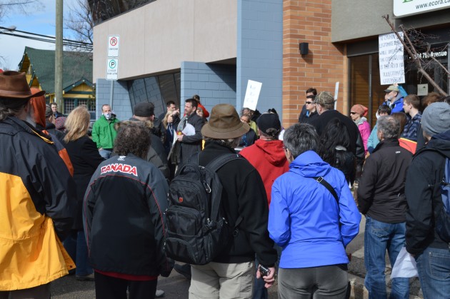 Bill C-51 opponent Mike Dallaire addresses crowd on 7th Avenue Saturday afternoon. Photo 250 News