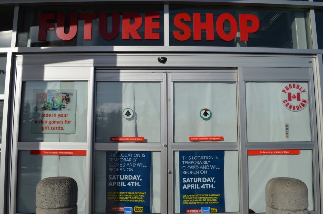 Doors are locked today at Future Shop but will re-open as Best Buy next Saturday. Photo 250News