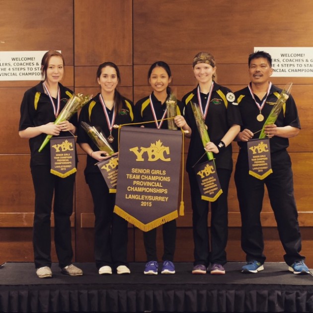 BC champs (l tor) Megan Reimer, Kassidy Johnson, Lezzyl Aquino, Paige Meise, Sr Girls coach Chito Tecson. Photos Stacie Johnson