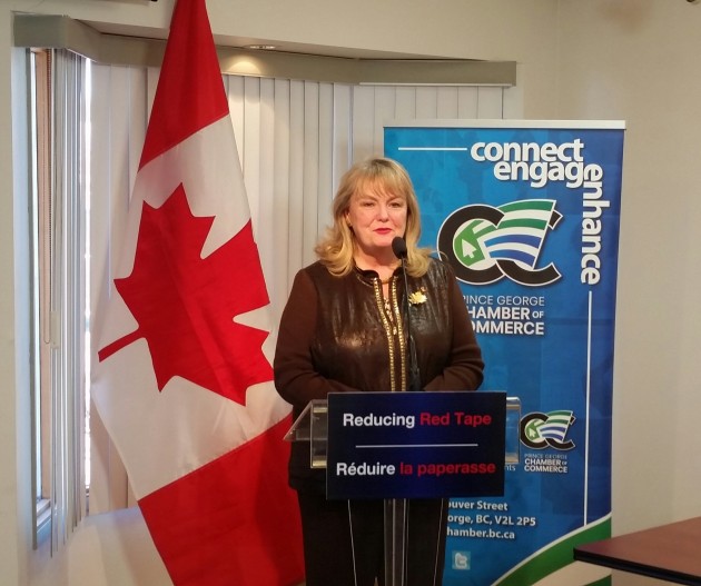 Federal Revenue Minister Kerry-Lynne Findlay addresses Chamber of Commerce members. Photo 250 News