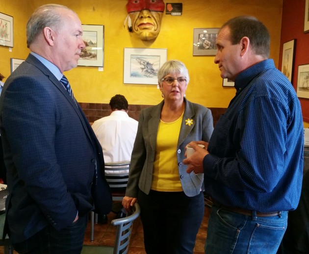 From left, NDP leader John Horgan, finance spokesperson Carole James, and BCWF v-p Jim Glaicar - photo 250 News