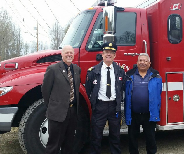 From left, RDFFG Chair Art Kaehn, Shell-Glen Fire Chief Randy Kissel, Lheidli T'enneh Chief Dominick Frederick - photo 250News