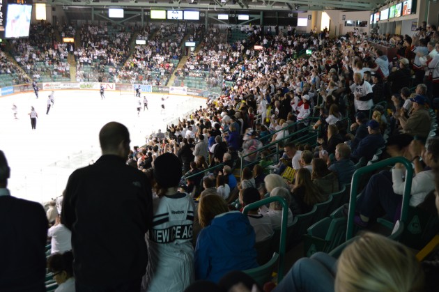 Fans cheer opening goal in Cougars' 4-2 victory at CN Centre Wednesday night. Photo 250 News