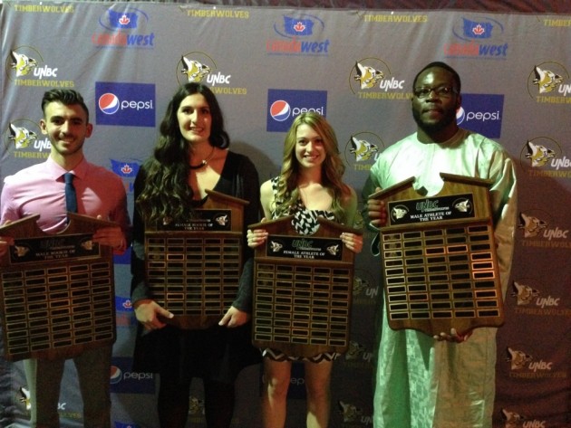 UNBC athletic awards winners (l-r) Francesco Bartolillo, Vasiliki Louka, Sidney and Franco Kouagnia. Photo courtesy UNBC