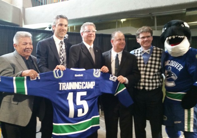 From left, Lheidli T’enneh Chief Dominic Frederick, Canucks President, Hockey Operations, Trevor Linden, Prince George Mayor Lynn Hall, Prince George Cougars President Greg Pocock, CN Centre Manager Glen Mikkelsen, and Canucks mascot Fin – photo 250 News