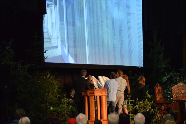 Display above the Agora courtyard of names of 16,000 who signed the 1980's petition to create UNBC