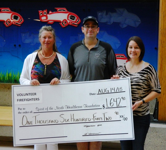 Tourney organizers (l-r) Maureen Yeo, Jeff VanDooyeweert present cheque to Healthcare Foundation's Melissa Veregin