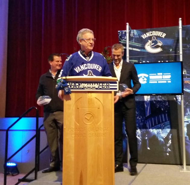 Prince George Mayor Lyn Hall and flanked by Trevor Linden and Jim Benning of the Canucks - photos 250 News