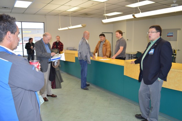 Clare fields questions at campaign office opening Saturday. Photo 250 News