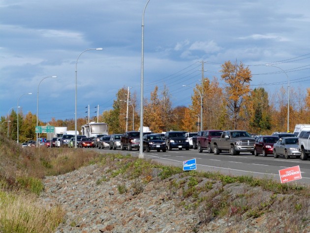 Looking east, traffic is backed up from Highway 16 and Domano
