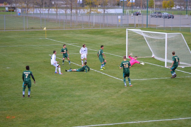 Fraser Valley scores opening goal in 3-0 victory over Timberwolves Sunday. Photo 250News