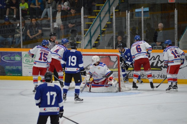 First period action around Spruce Kings' net during season opener at the Coliseum. Photo 250News