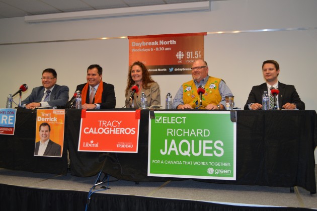 Candidates Sheldon Clare, Trent Derrick, Tracy Calogheros, Richard Jaques and Adam De Kroon attend candidate debate. Photo 250 News