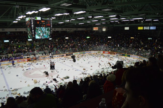 Teddy Bears filled the CN Centre ice as a near sellout crowd cheerd on the Cougars. Photo 250News