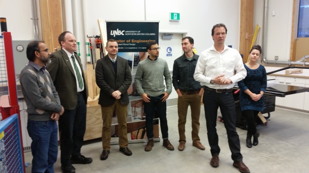Dr. Guido Wimmers (in white) announces the launch of UNBC's Master of Engineering in Integrated Wood Design program - photos 250News
