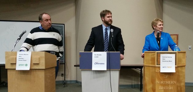 From left, Green Party leader and MLA Andrew Weaver, Conservative Party leader Dan Brooks, and NDP MLA Katrine Conroy - photos 250News