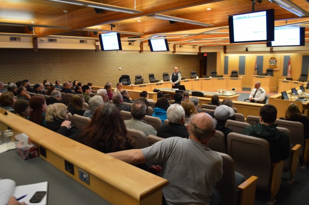 Queensway/VLA residents discussed concerns with RCMP brass in council chambers Tuesday night. Photo 250News