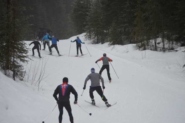 Men battle for position on uphill slope of Otway cross country trail