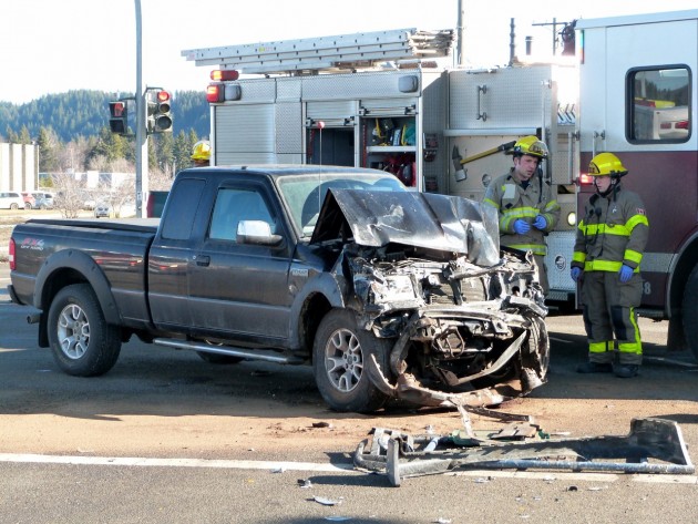 Front of pick-up heavily damaged in impact at Highway 16 and Ferry. Photos 250News