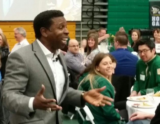 Michael 'Pinball' Clemons spoke to a full house at the Charles Jago Northern Sport Centre this morning -photo 250News