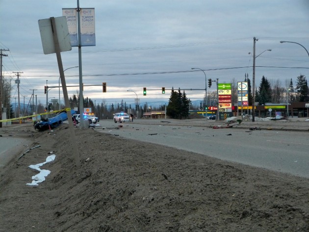 Debris scattered across highway, truck in ditch following early morning accident on the Hart. Photos 250 News