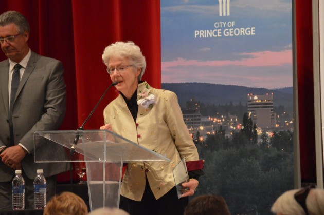 Outstanding volunteer Noreen Rustad tells audience it's a privilege to serve the community. Photo 250News