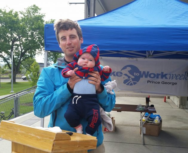 Kyrke Gaudreau, director of urban cycling for the Prince George Cycling Club and sustainability manager at UNBC, with daughter Jamie