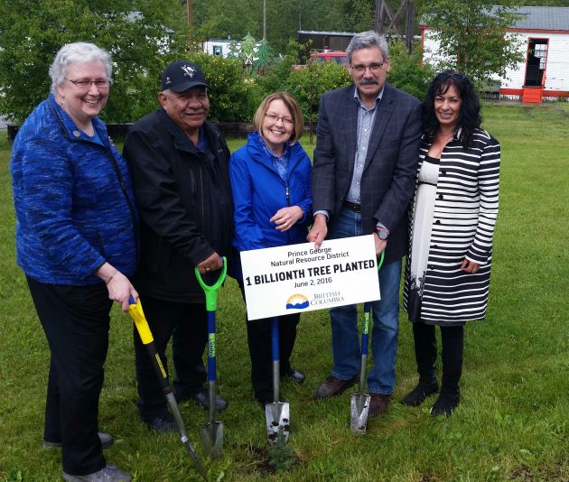 From left, Prince George City Councillor Susan Scott, Lheidli T'enneh Chief Dominick Frederick, Prince George-Valemount MLA Shirley Bond, Prince George-Mackenzie MLA Mike Morris and Central BC Railway and Forestry Museum executive director Ranjit Gill - photo 250News