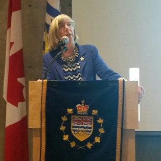 Lieutenant Governor Judith Guichon address students inside the Weldwood Theatre at UNBC this afternoon - photo 250News