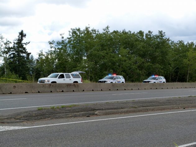 RCMP cars parked beside the bypass across from Pine Centre this afternoon. Photo 250News
