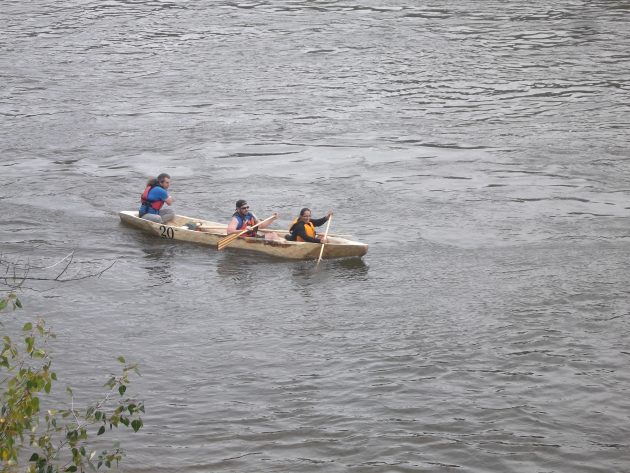 This dugout, built in ten days, is guided down the Fraser by Jennifer Pighin. (photo courtesy Fred Vinson)