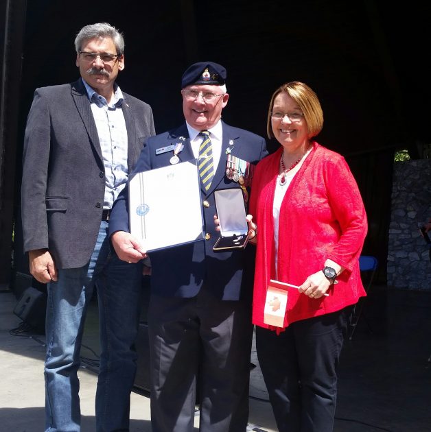 From left, Prince George-Mackenzie MLA Mike Morris, Medal of Good Citizenship winner John Scott and Prince George-Valemount MLA Shirley Bond