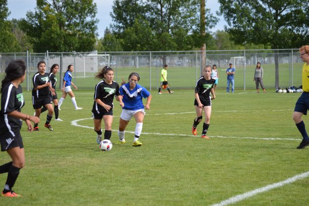 Vancouver Island (in blue) faces Northeast Thunder in girl's action on Friday. Photo 250News