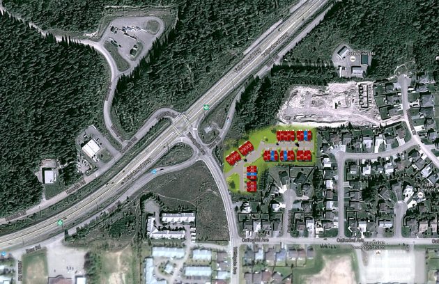 Aerial view of project site with artist's rendering of townhouse development