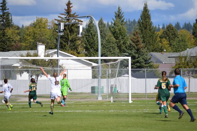Manitoba Bisons celebrate Selina Speranza's second goal against UNBC on Sunday. Photo 250News