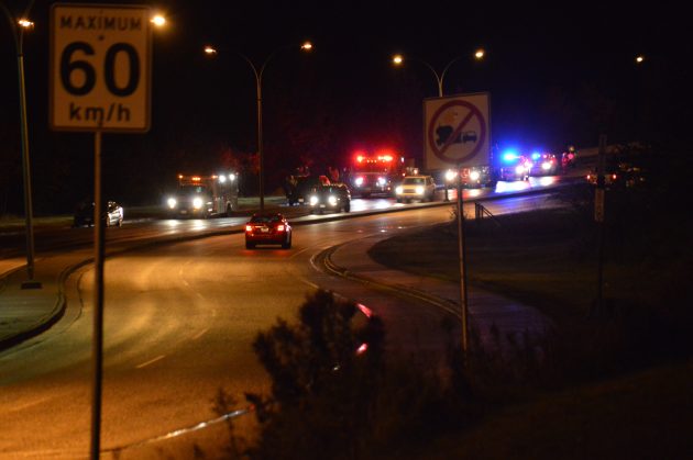 Emergency vehicles at the scene of a single-vehicle accident on Ospika hill Friday night. Photos 250News
