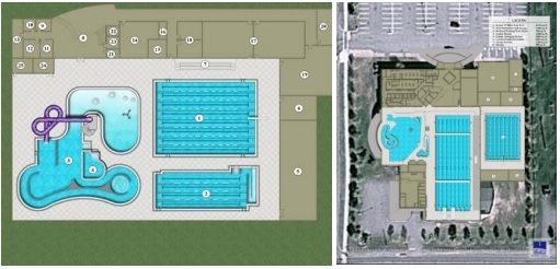 Designs for potential Four Seasons replacement facility (at left) and major upgrades, including additional swim tank, at Aquatic Centre (at right) courtesy Dialog Design and Counsilman-Hunsaker (Aquatics for Life)