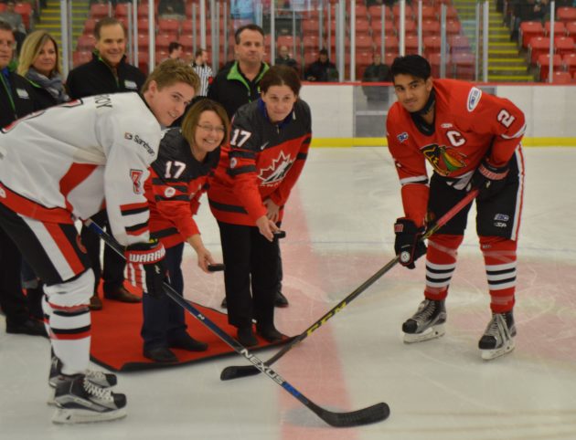 Ceremonial puck drop prior to Saturday's Cariboo Cougars - West Valley Hawks game.  Photos 250News