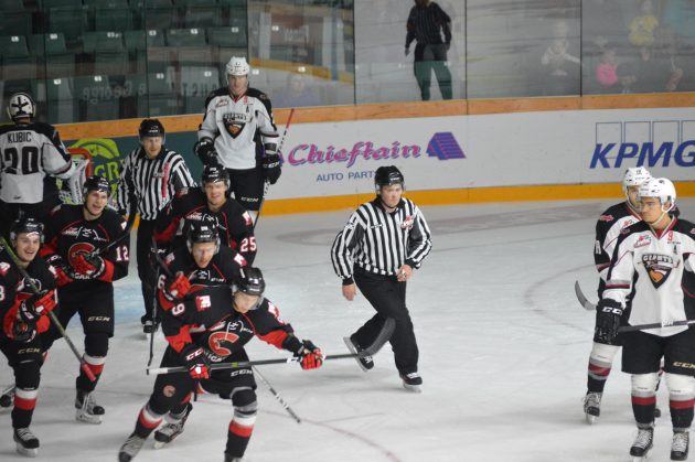 Cougars celebrate first period goal on way to 5-2 victory over Vancouver Giants Friday night at CN Centre. Photo 250News