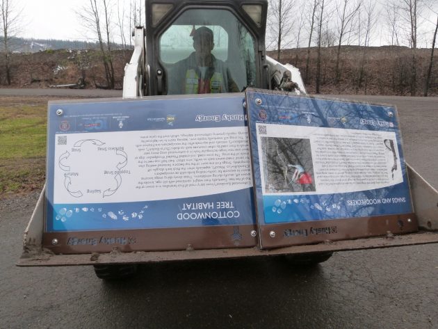 City worker gets ready to install two interpretive signs at Cottonwood Island Park - photos 250News