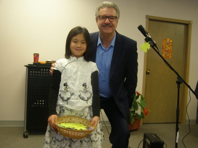 Prince George Mayor Lyn Hall amd young Abigail Zhao strike a pose