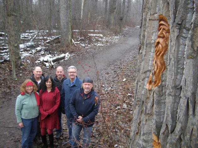From left cartographer Nancy Alexander, Prince George Heritage Commission member Jeff Elder, Railway and Forestry Museum executive director Ranjit Gill, Papyrus Printing owner Rod Nemitz, Prince George Mayor Lyn Hall and artist Elmer Gunderson