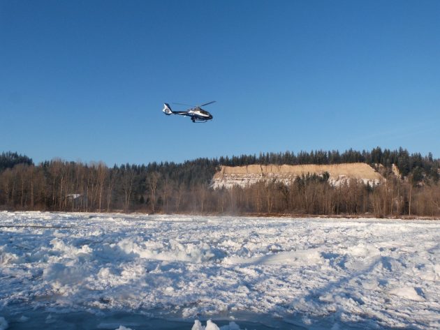Helicopter surveillance of Nechako River ice build-up conducted on Friday.  Photo 250News
